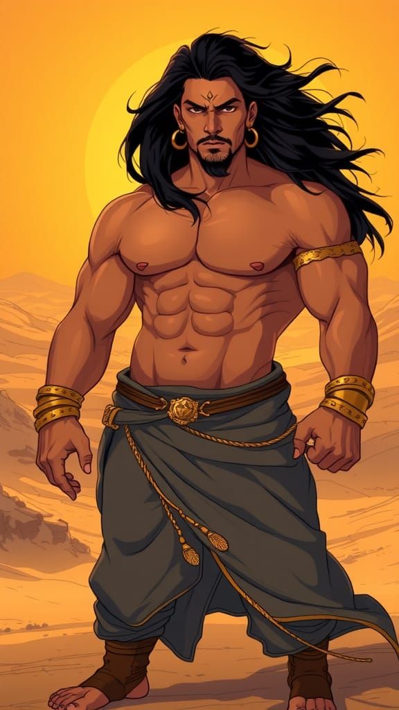 Muscular Persian Genie in Sweeping Desert Landscape