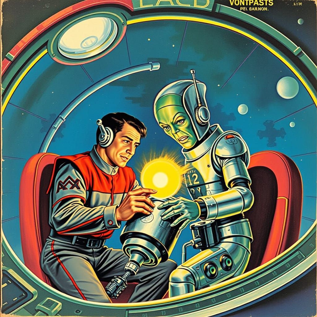 Alien Robot Repair: Vintage Sci-Fi Pulp Cover