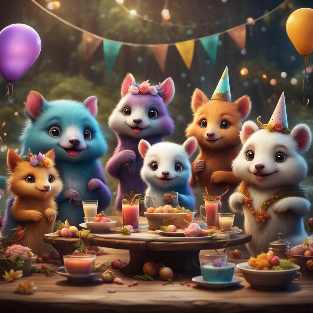 Fantastical Animal Family Party in Detailed Painting