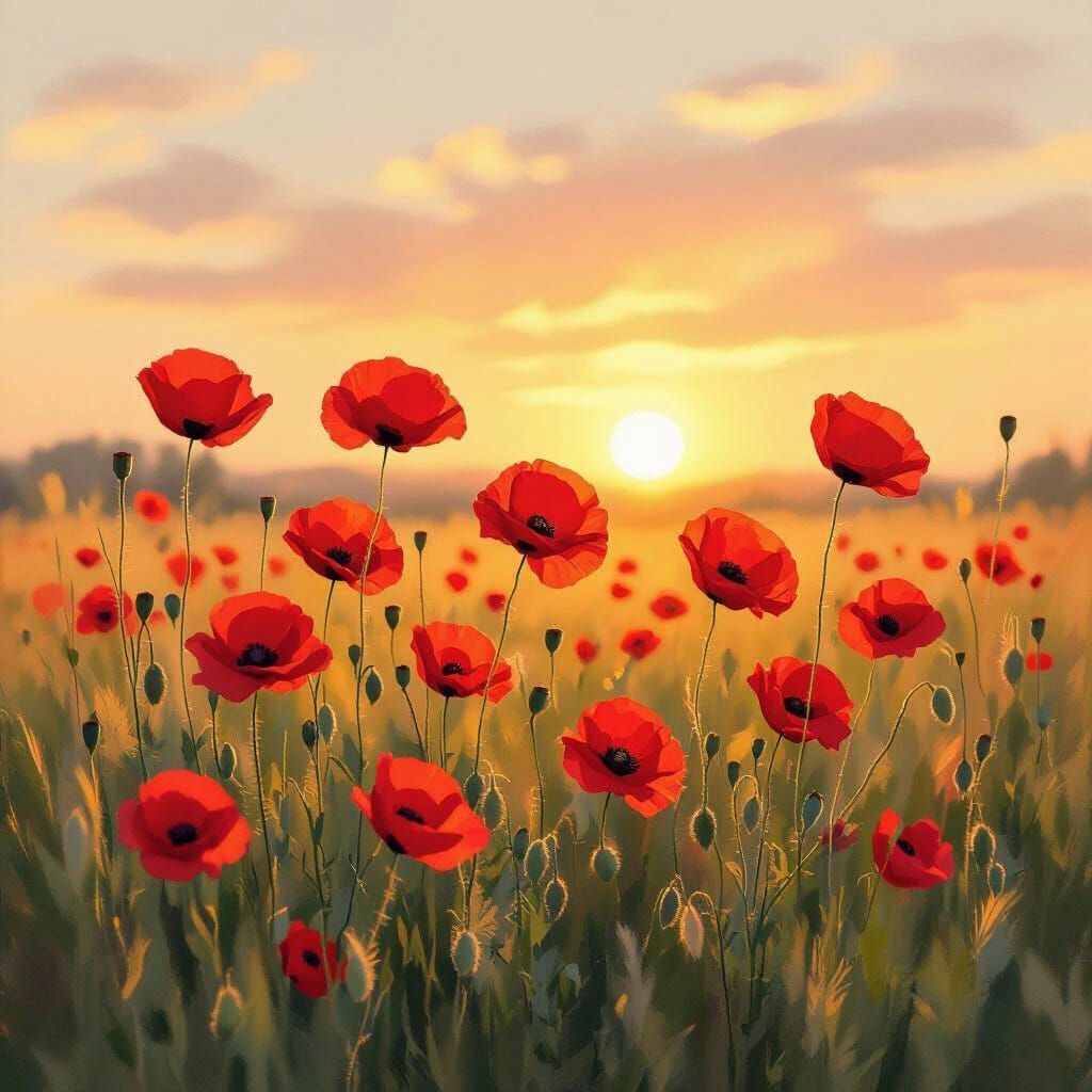 Poppy Field at Sunset in Impressionist Style