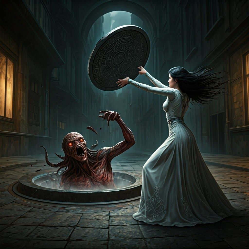 Psychic Woman Attacks Horror in Fantasy Cityscape