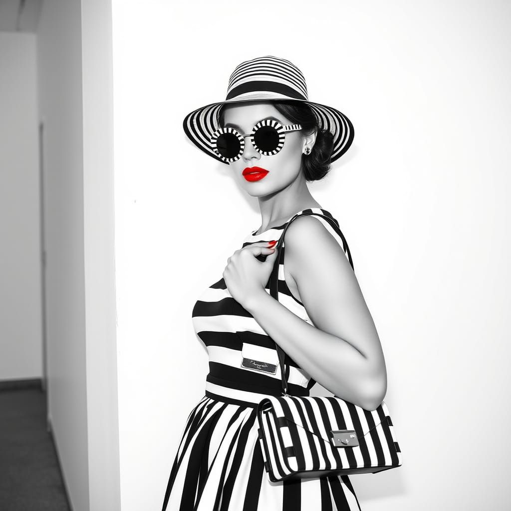 Effortless Chic Woman in Classic 1950s-Inspired Striped Dres...