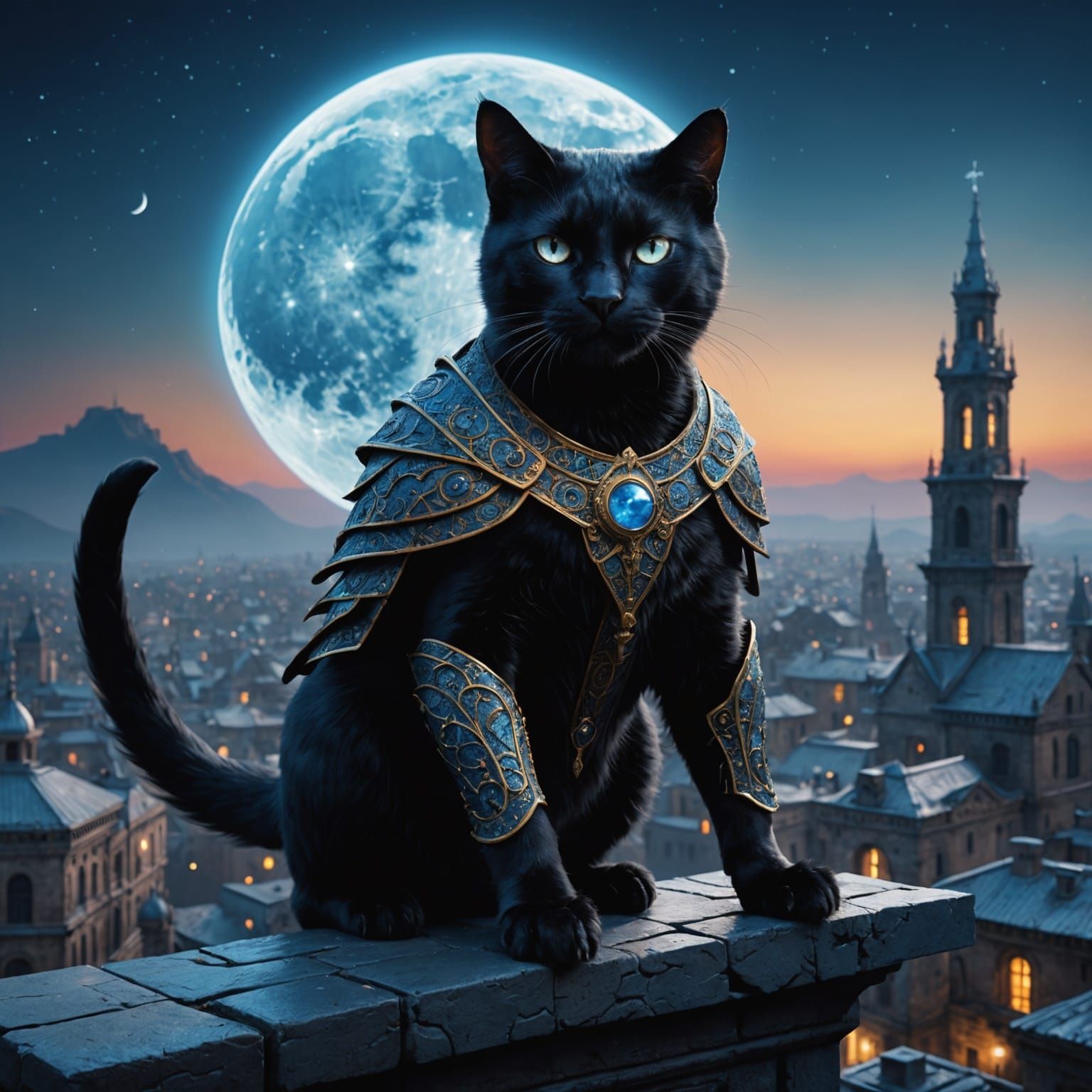 Black Cat Crossing Rooftops in Moonlight: Fantasy Art