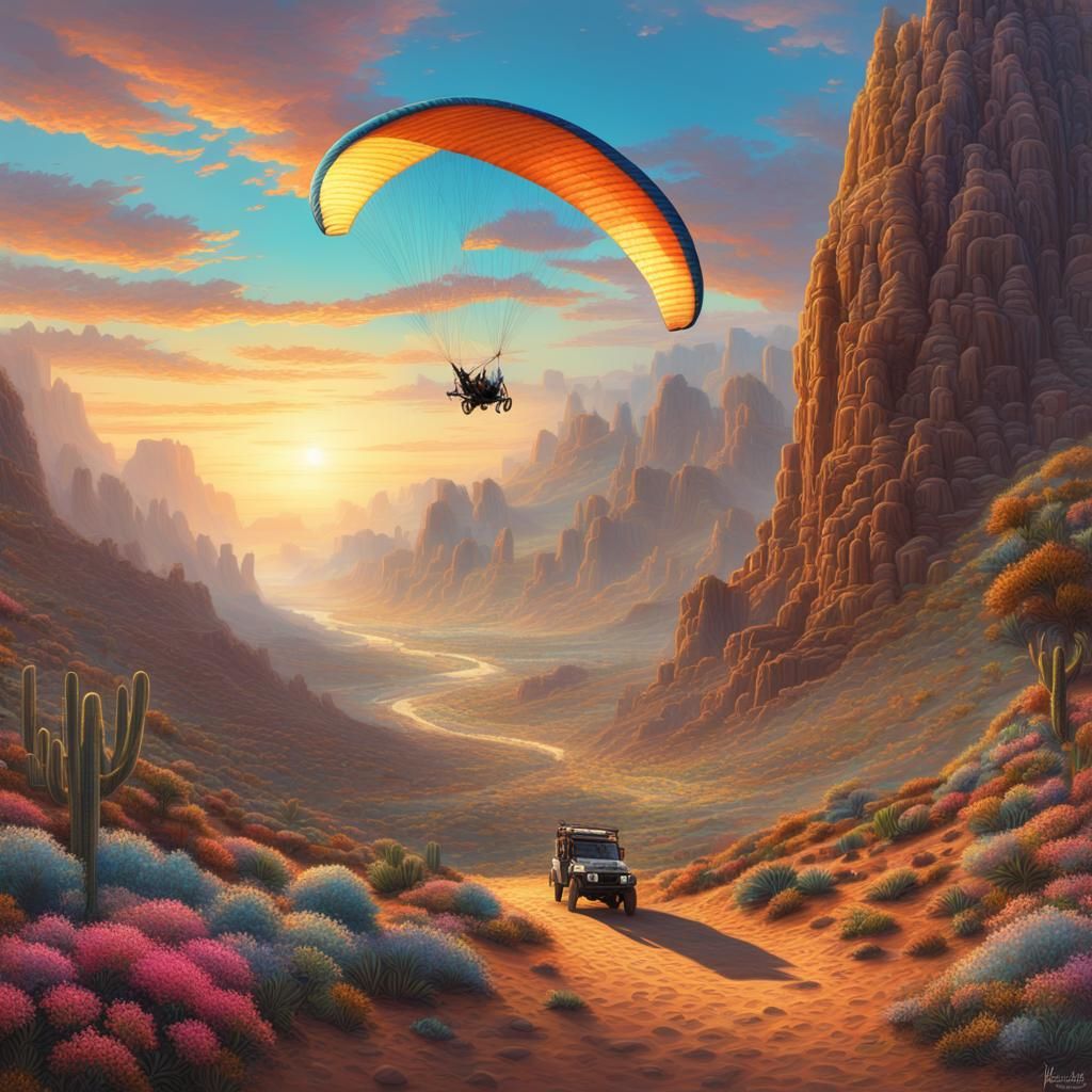 A landcruiser and a paraglyder in a desert Canyon