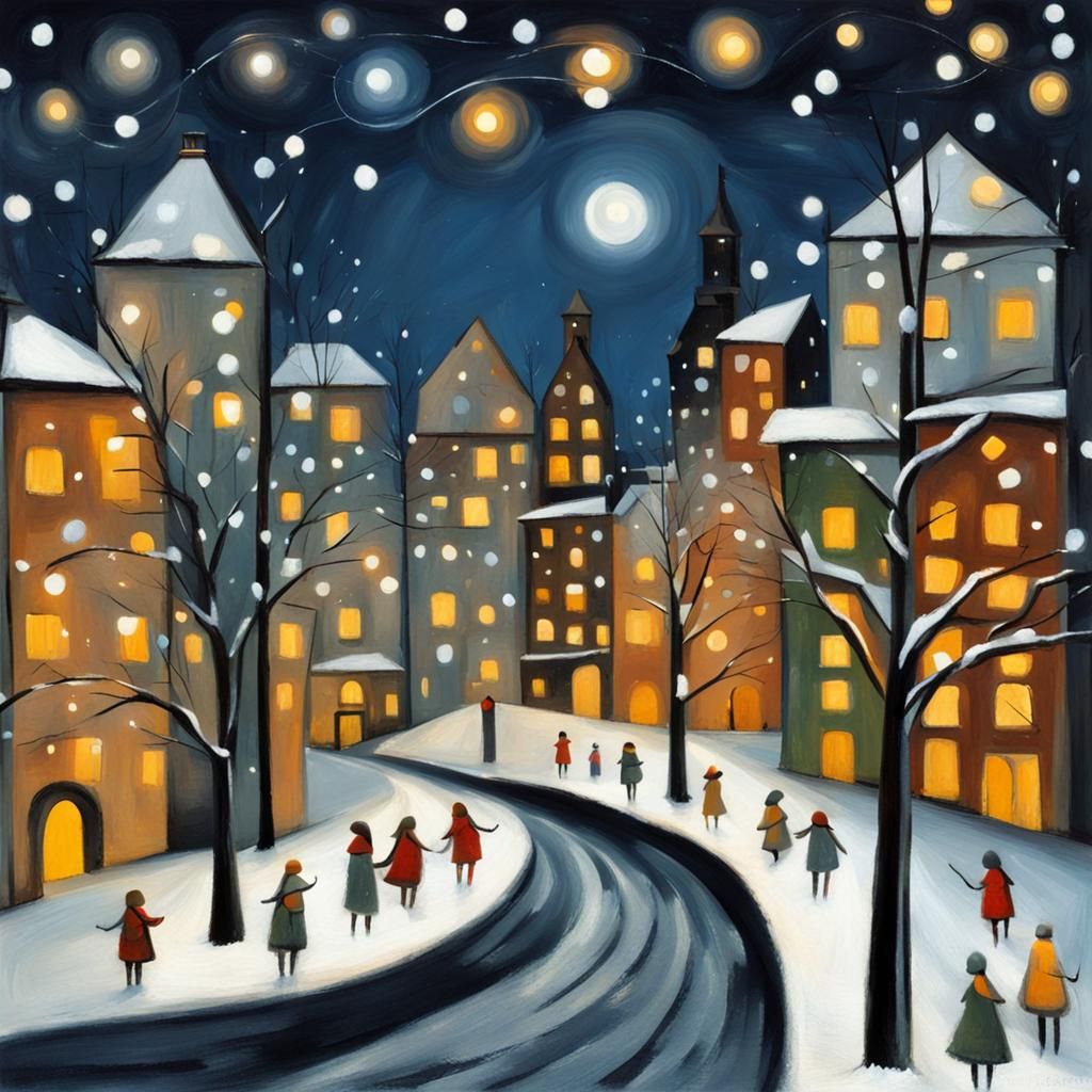 Snowy Christmas Cityscape in Cubist Style