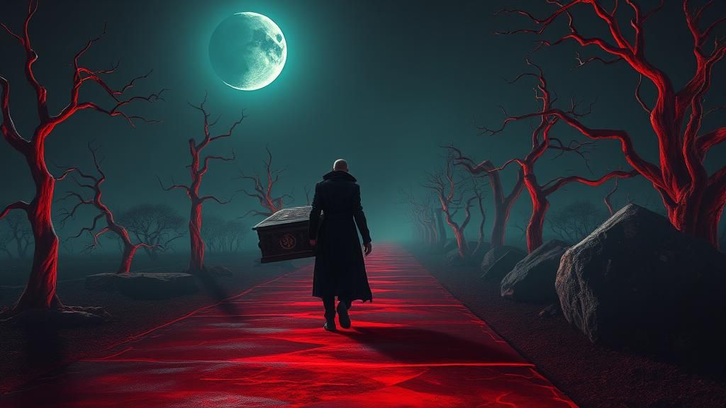 Surreal Journey: A Figure on the Crimson Road