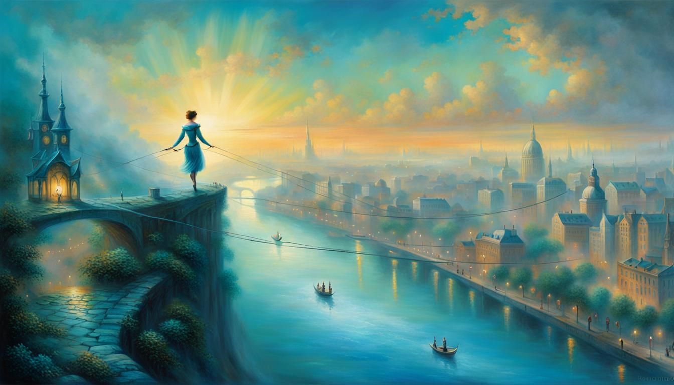 Ethereal Tightrope Walker Over City River