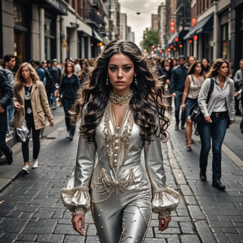 Woman in Pearl Outfit on Crowded Sidewalk