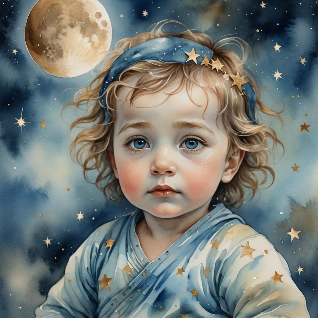 Surreal Infant with Moon Dust in Watercolor Style