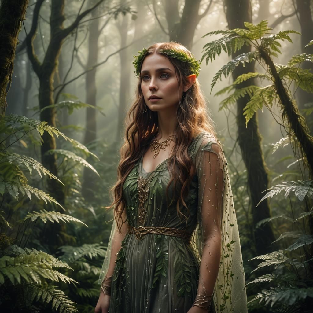 Beautiful Elf in Misty Forest, High Fantasy Art