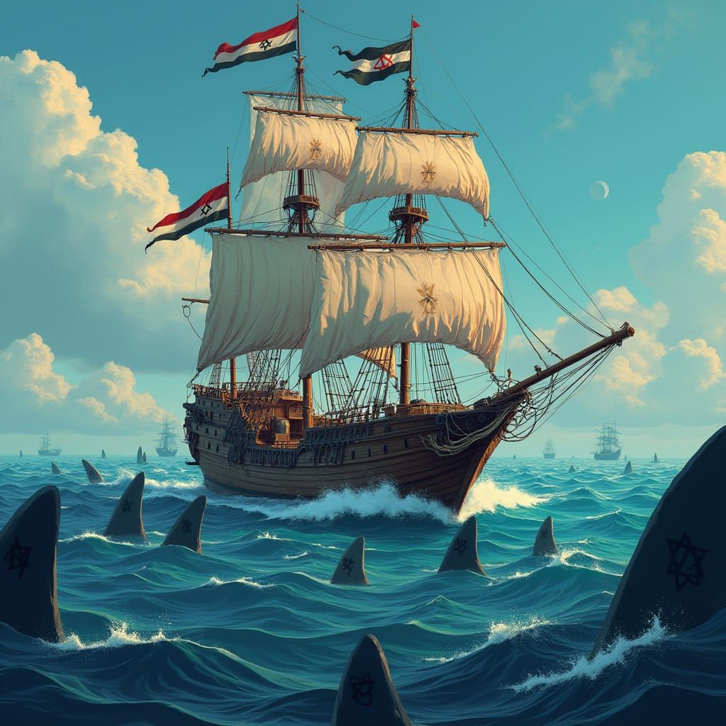 Sailing Ship Amidst Sharks in Fantasy Art Style