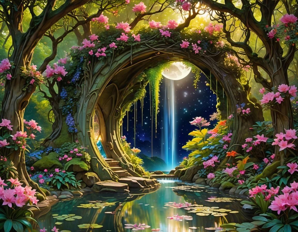 Enchanted Reflecting Pond with Waterfall and Fairy Lights