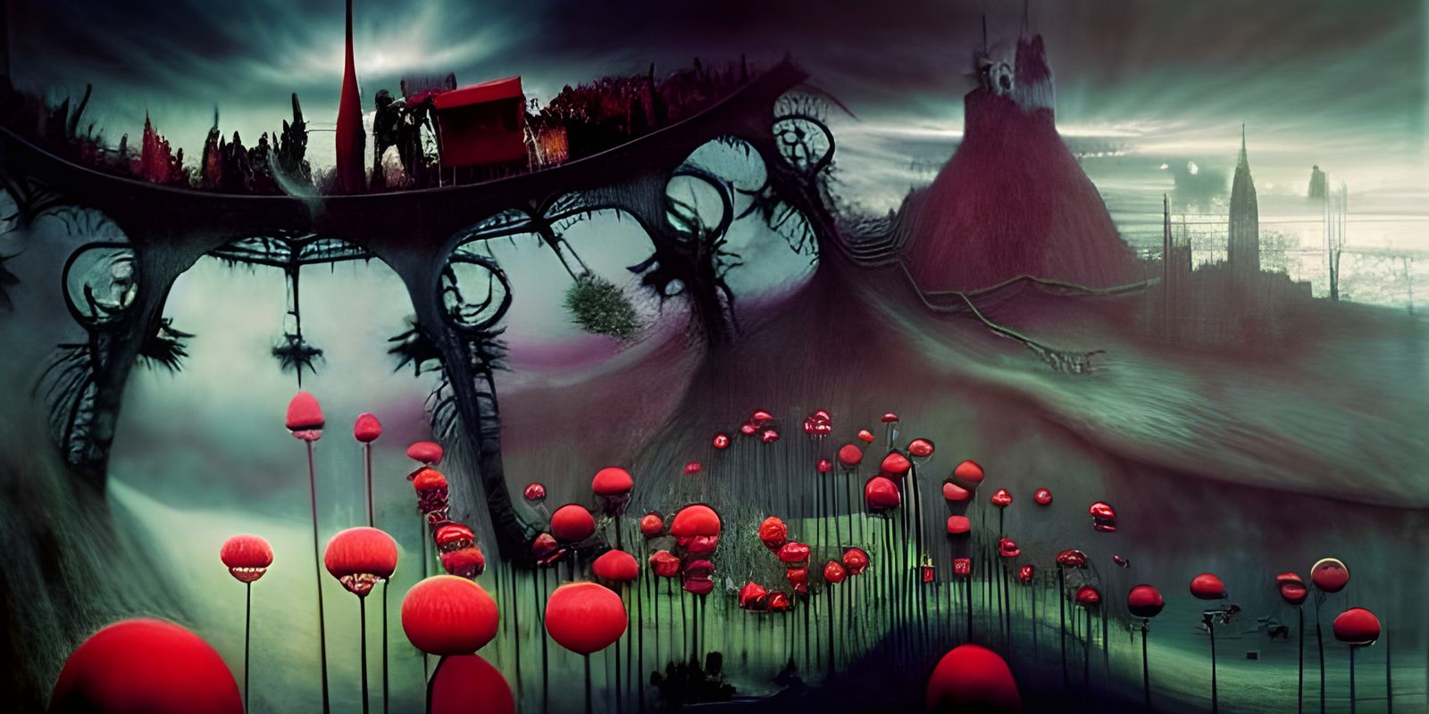 Demonic Wonderland Train Ride in Surrealist Style
