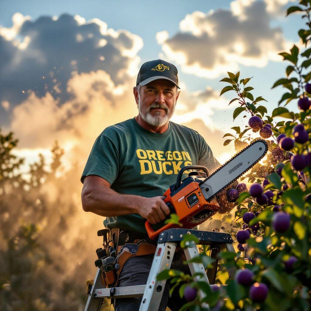Man Pruning Plum Tree with Chainsaw: Golden Hour Photo