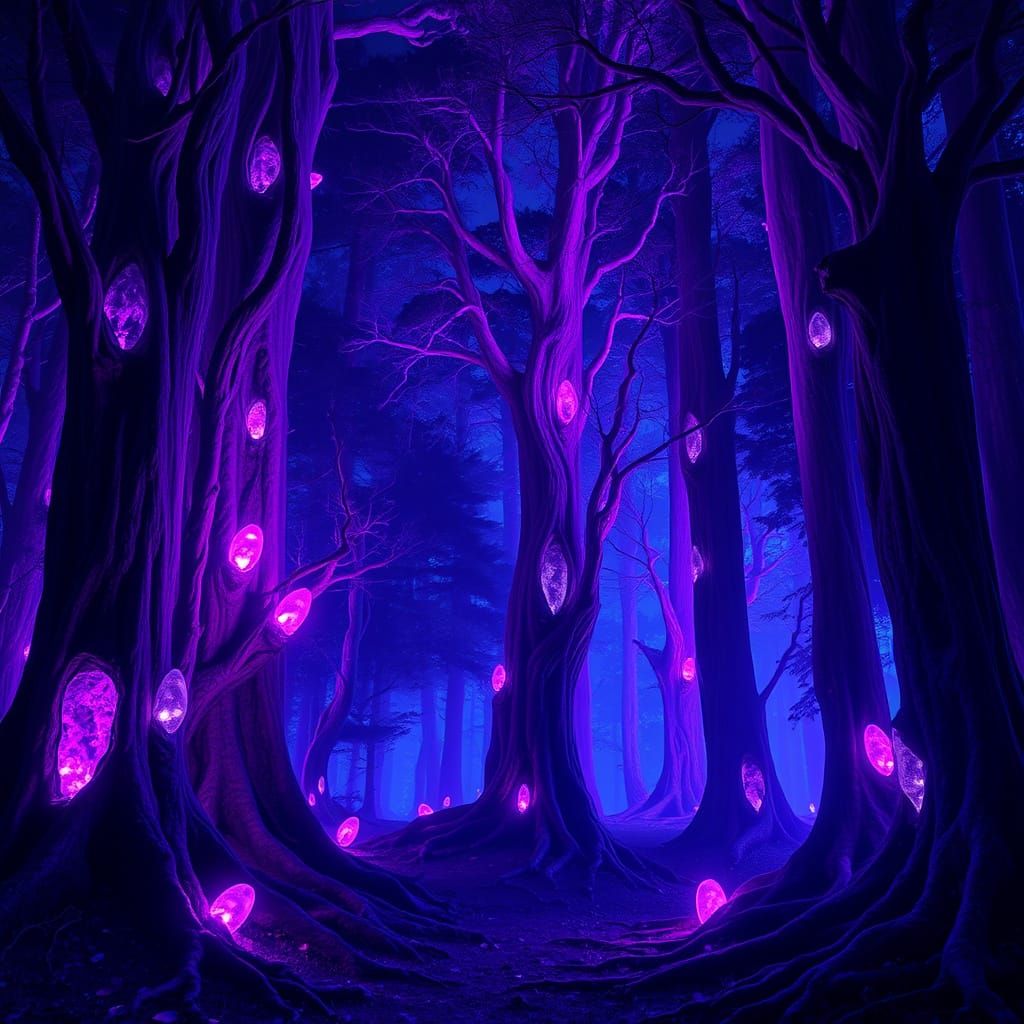 Mystical Neon Forest at Night in Synthwave Style