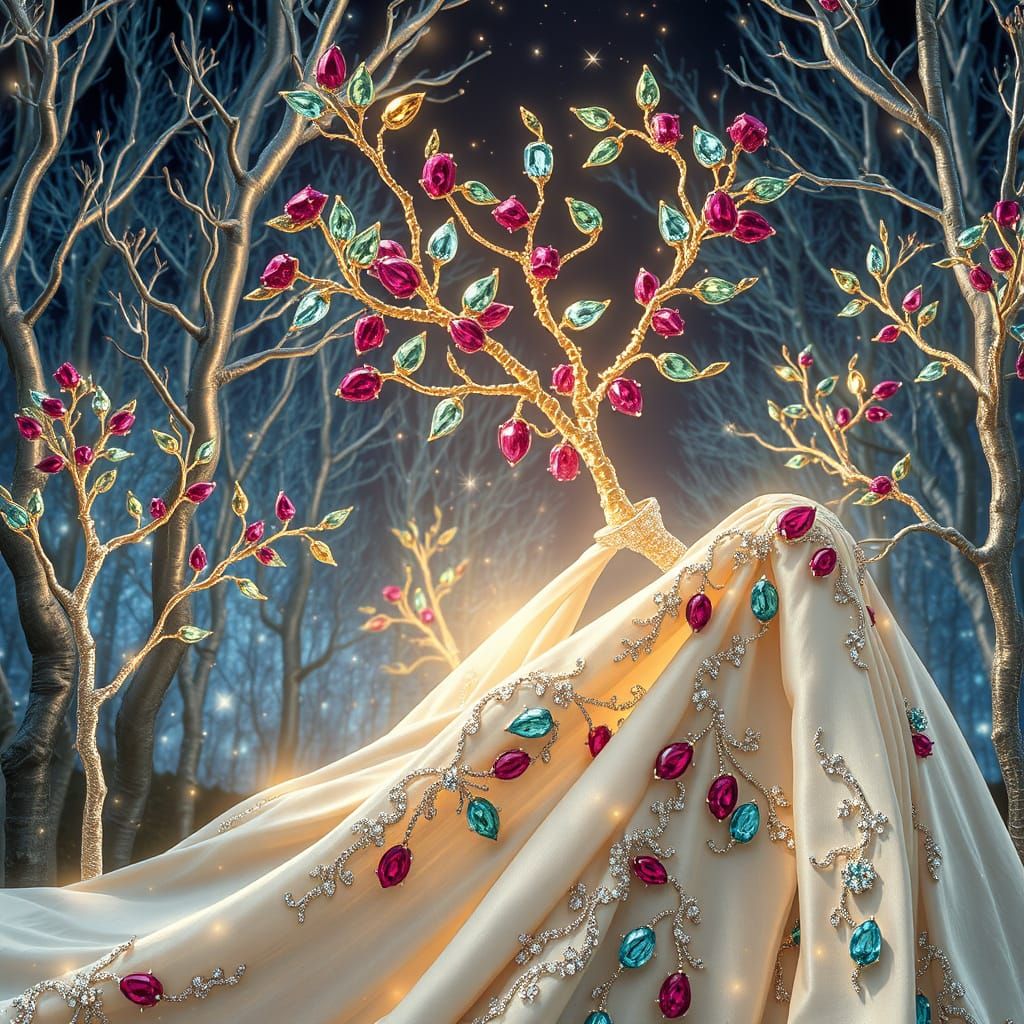 Ethereal Jewelry Forest Scene in Vibrant Colors