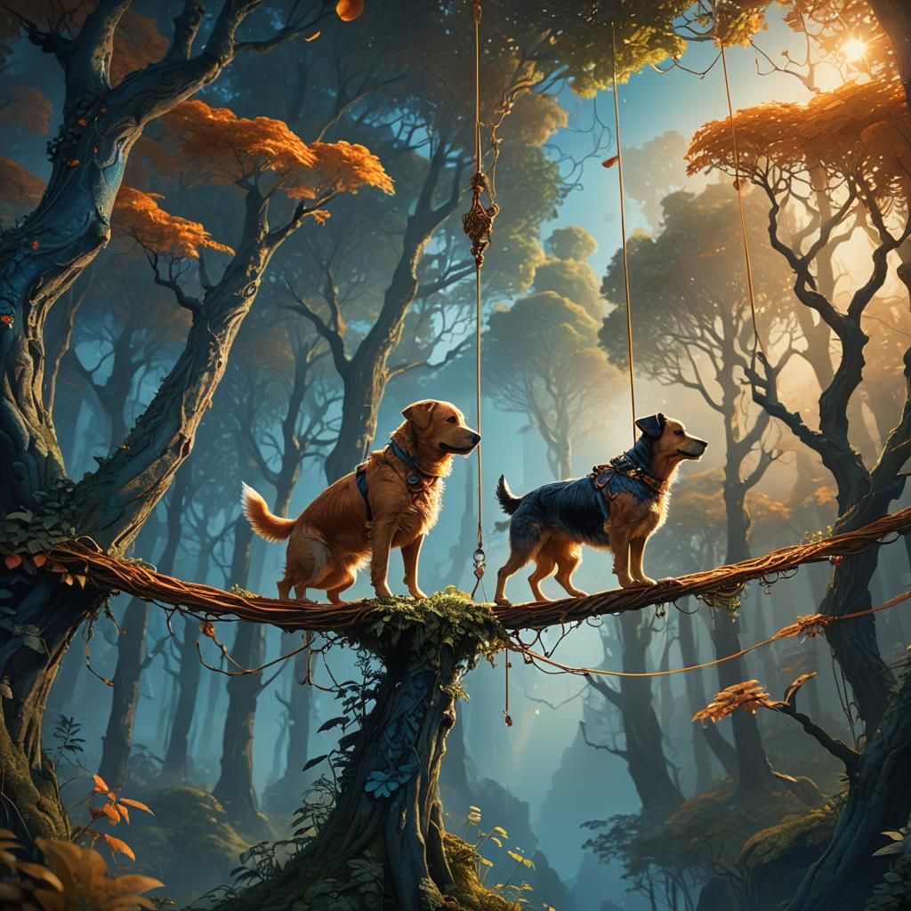 Dog Balances on Tightrope Above Mystical Forest