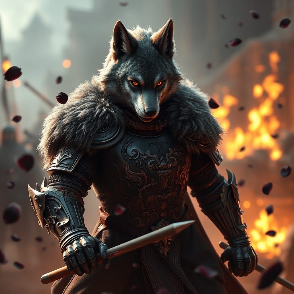 Armored Cat-Wolf Knight in Fantasy Battle, 3D Concept Art