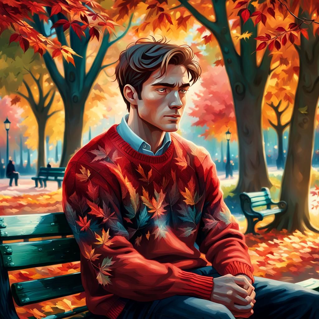 Young Man in Red Sweater Amidst Vibrant Autumn Wonderland