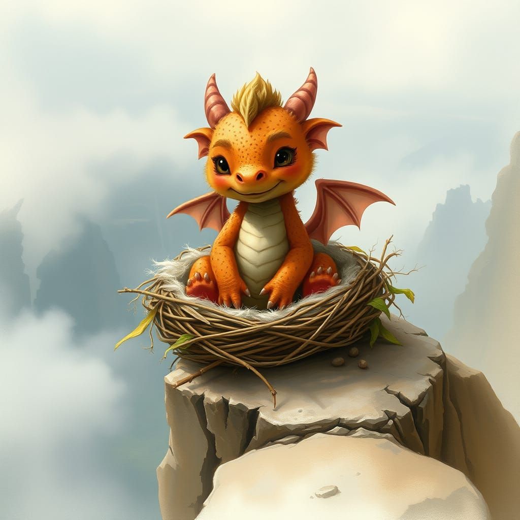 Dragon Baby Perched on Cliffside in Whimsical Landscape