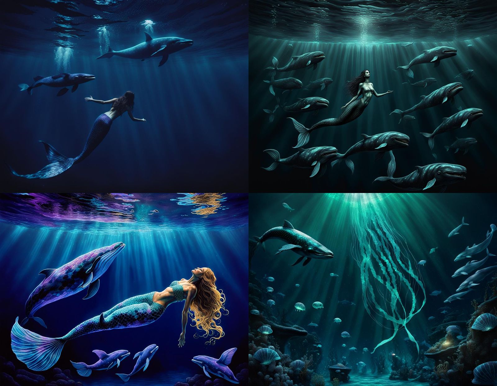 Mermaid Swimming with Whales in Deep Water