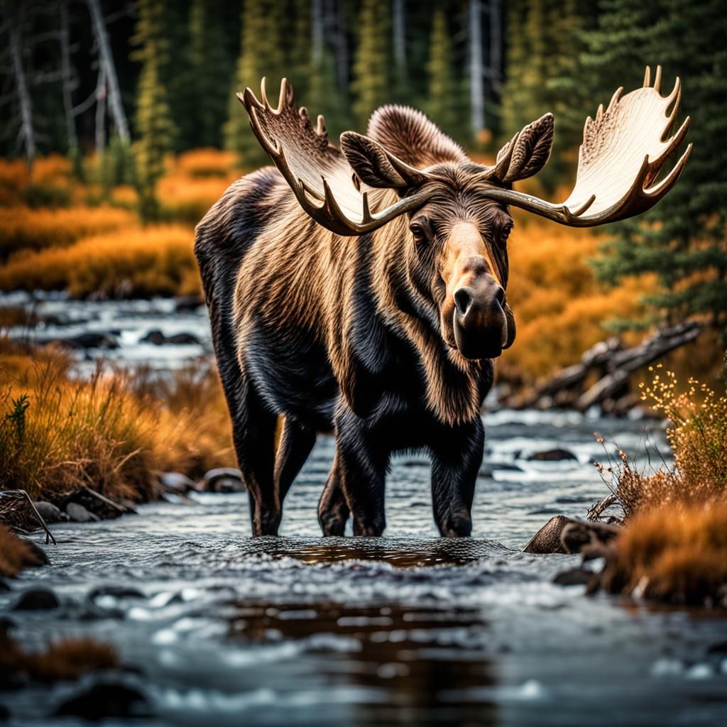 Moose Drinking From Stream: Hyperrealistic Masterpiece