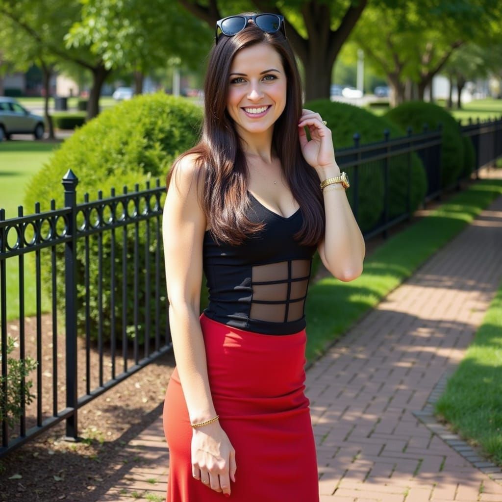 Woman with Auburn Hair in Red Skirt, Sunny Day