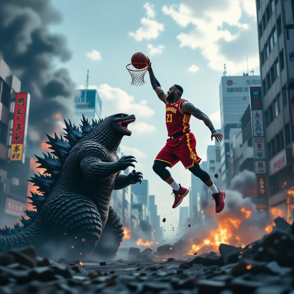Lebron James Dunks on Godzilla in Tokyo Ruins