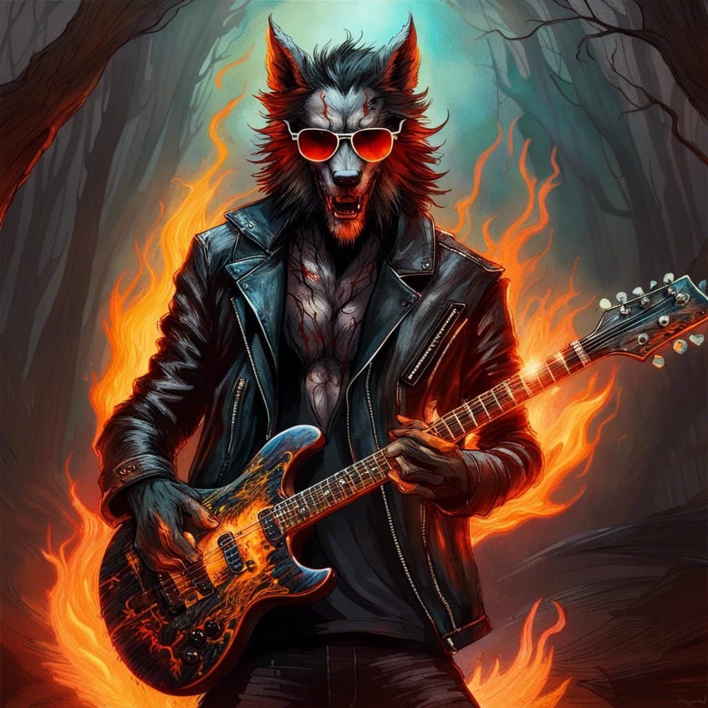 Fiery Lycan Guitarist in Spooky Forest, Digital Art