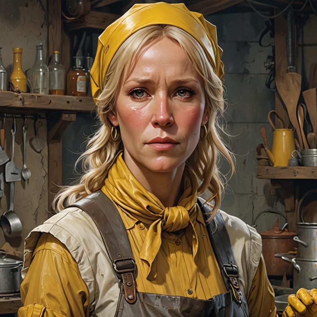 Tired Woman in Cleaning Outfit: Digital Art Portrait