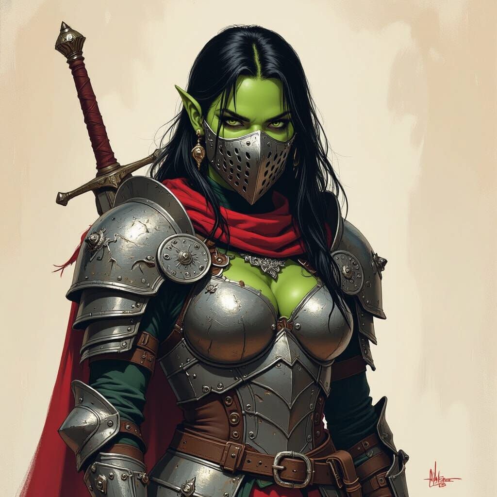 Powerful Orc Knight with Iron Mask in Fantasy Style