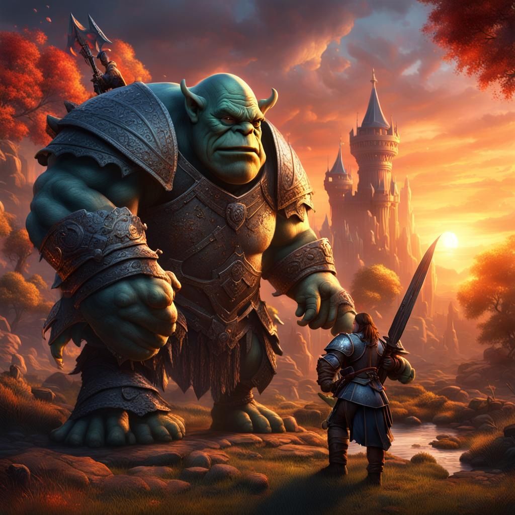 Ogre Confronts Knight at Sunset: Fantasy Art