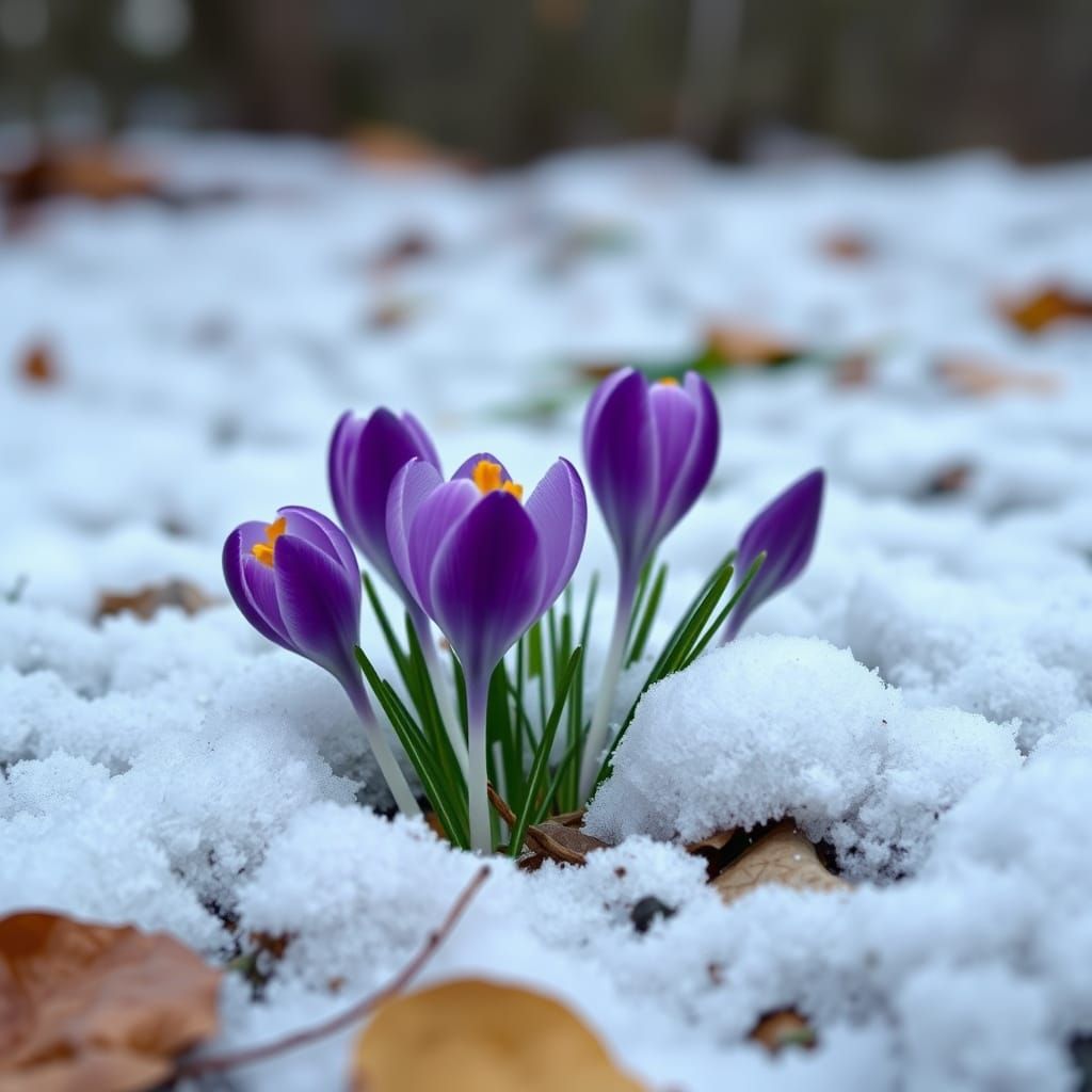 Early Spring Blooms Amidst Light Snowfall