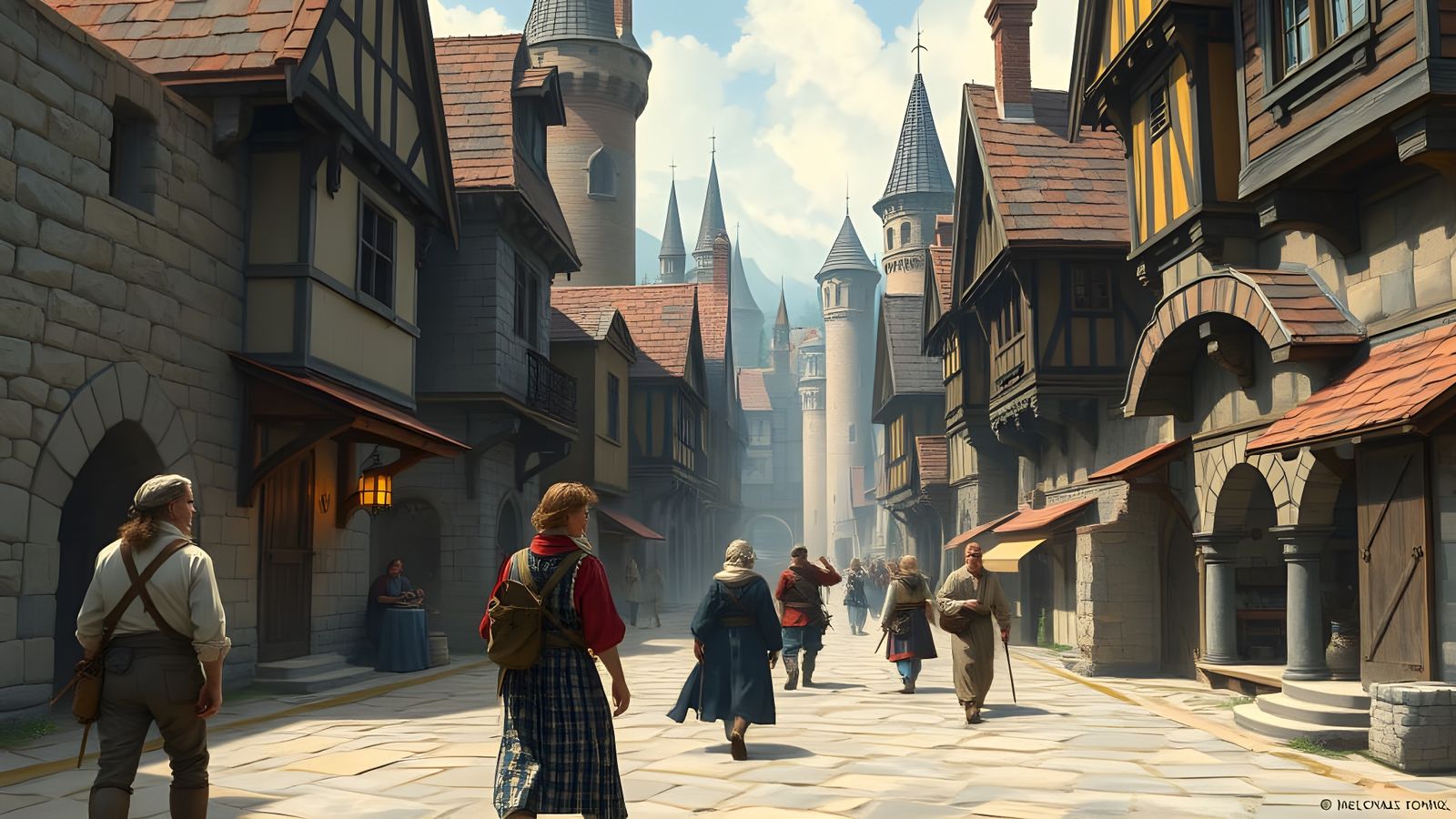 Medieval Crowd Searches for Relics in a Bustling Cityscape