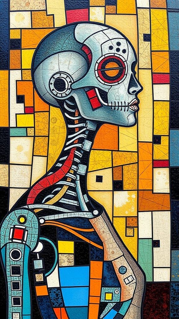 Cybernetic Anatomy in Vibrant Mosaic Art