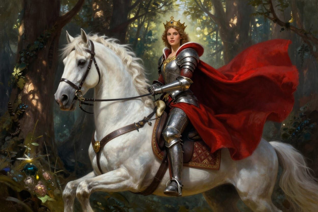 Regal Queen on Armored Horse in Mystical Forest