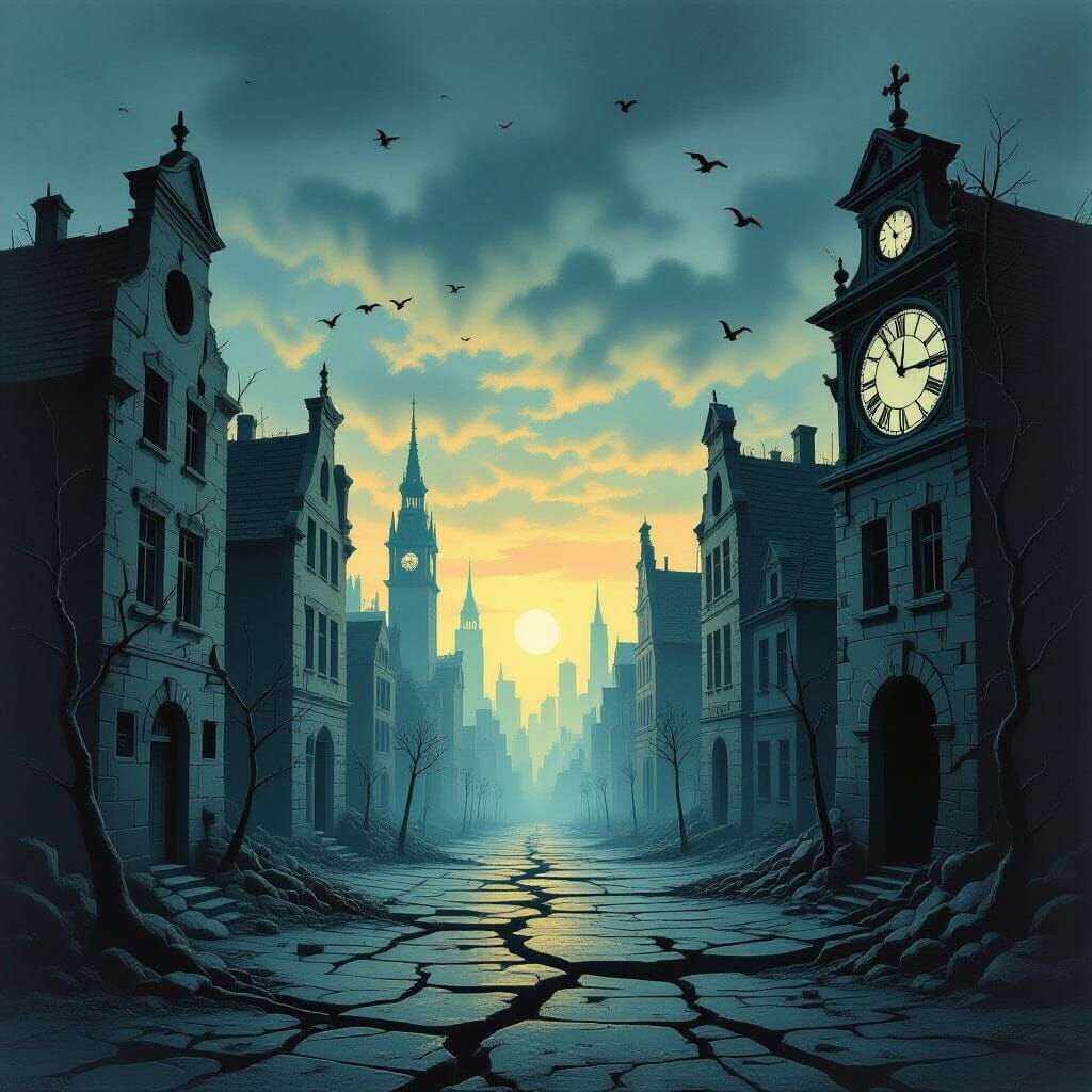 Desolate Cityscape in Surrealist Style