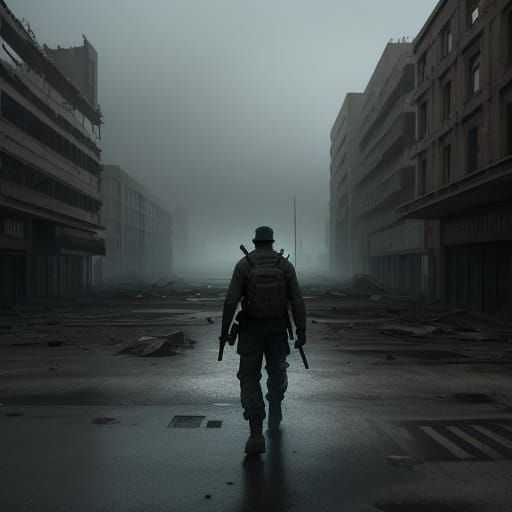Soldier in Ruined City: Realistic Concept Art