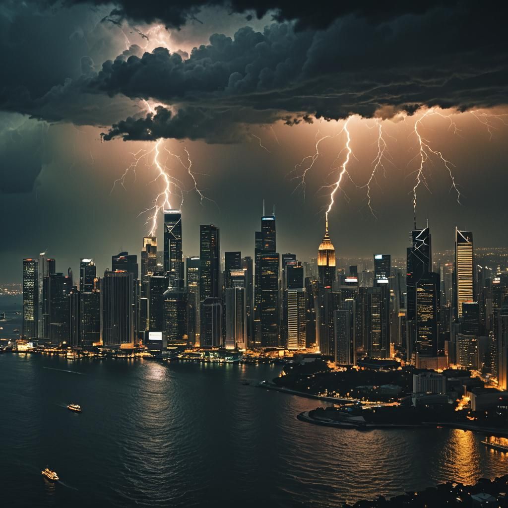 Dramatic Cityscape with Lightning in Cinematic Style