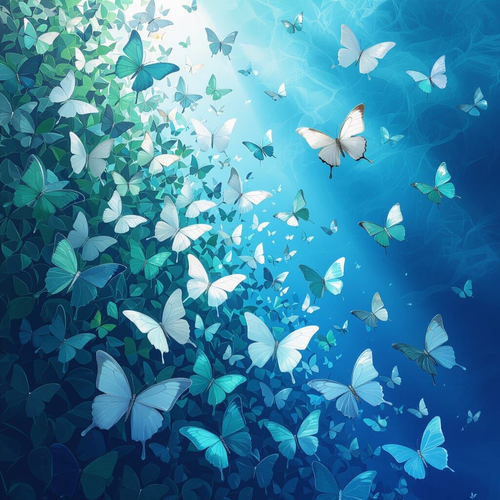 Fantasy Butterflies Ascend Against Split Blue Background