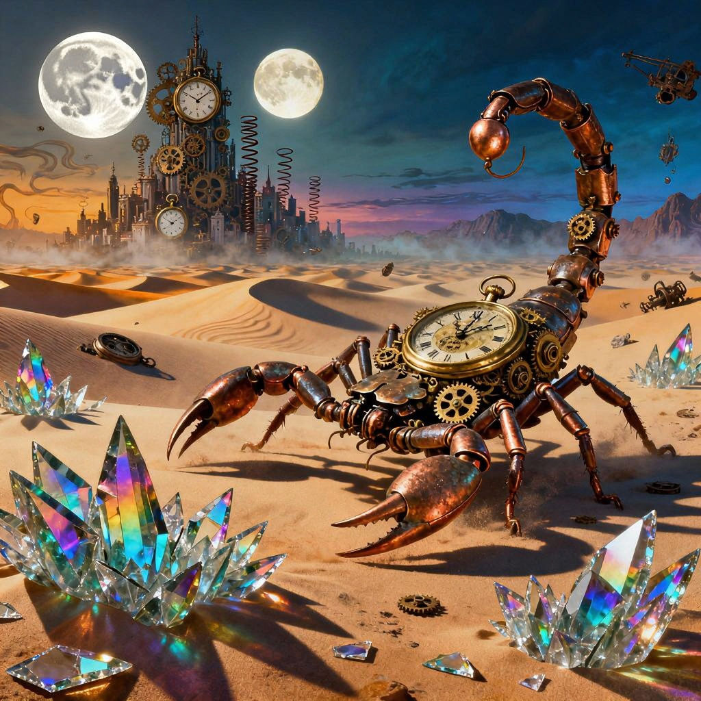 Clockwork Scorpion in Surreal Glass Desert