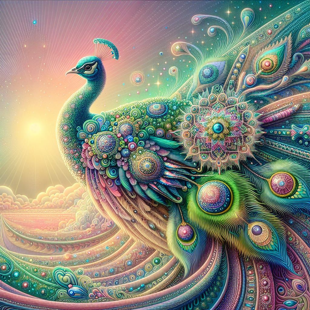 Psychedelic Peacock Digital Art with Gems and Crystals