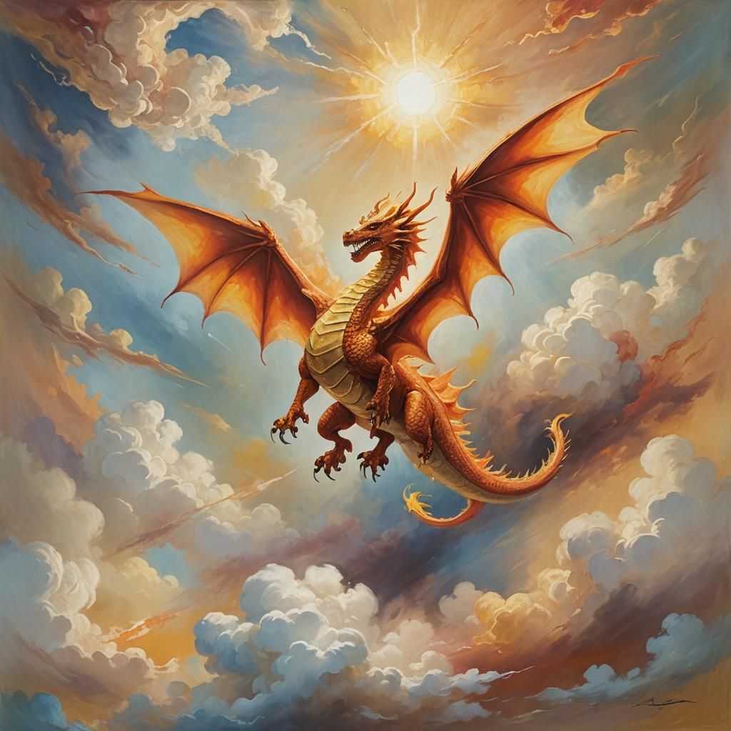 Fire Dragon Soaring in Surrealist Oil Painting