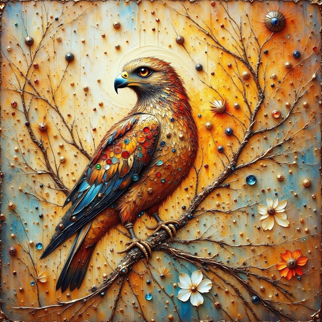 Golden Hawk in Vibrant Ink and Gold Leaf Art