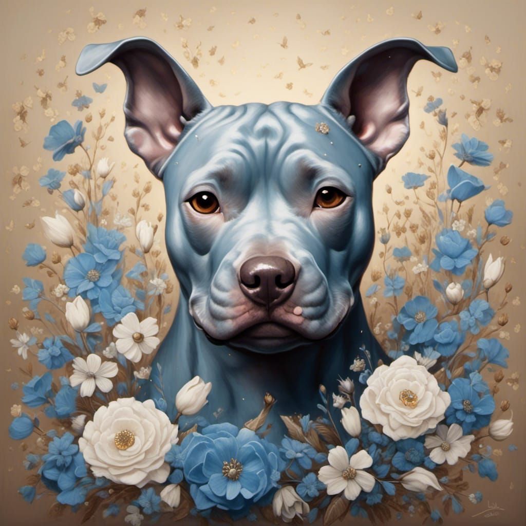 Blue Pit Bull Terrier Portrait in Sepia Anime Style