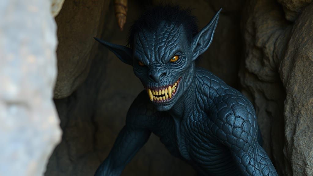 Scaly Black Troll in Cave with Yellow Eyes