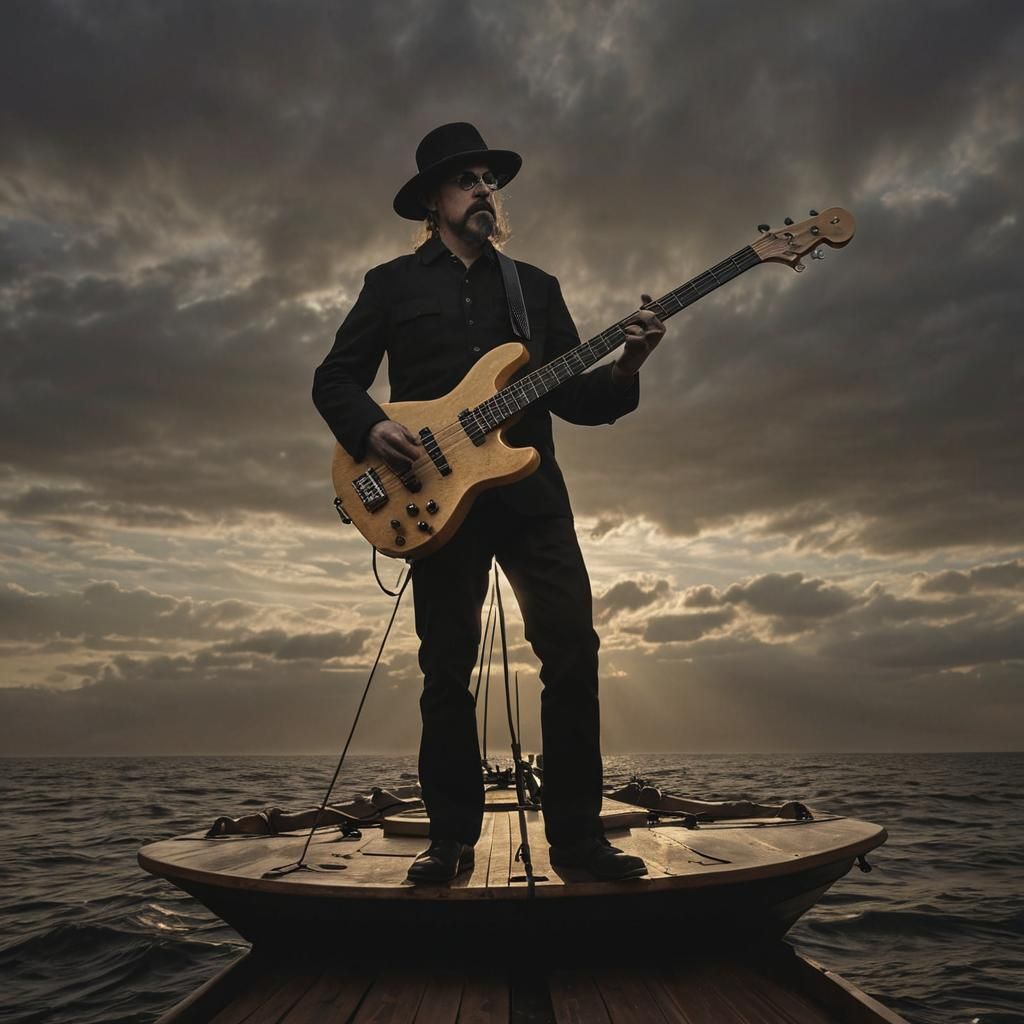 Les Claypool Silhouetted on Cheese Sea Viking Ship