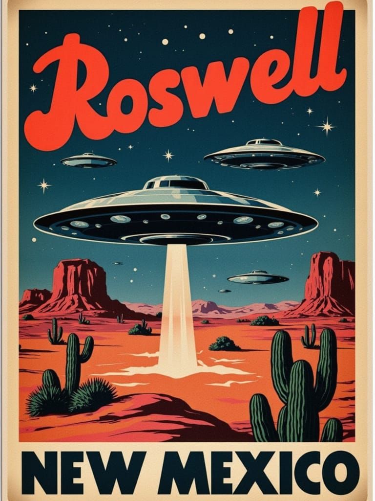 Retro-Style Poster Featuring Roswell's Mysterious Landscape