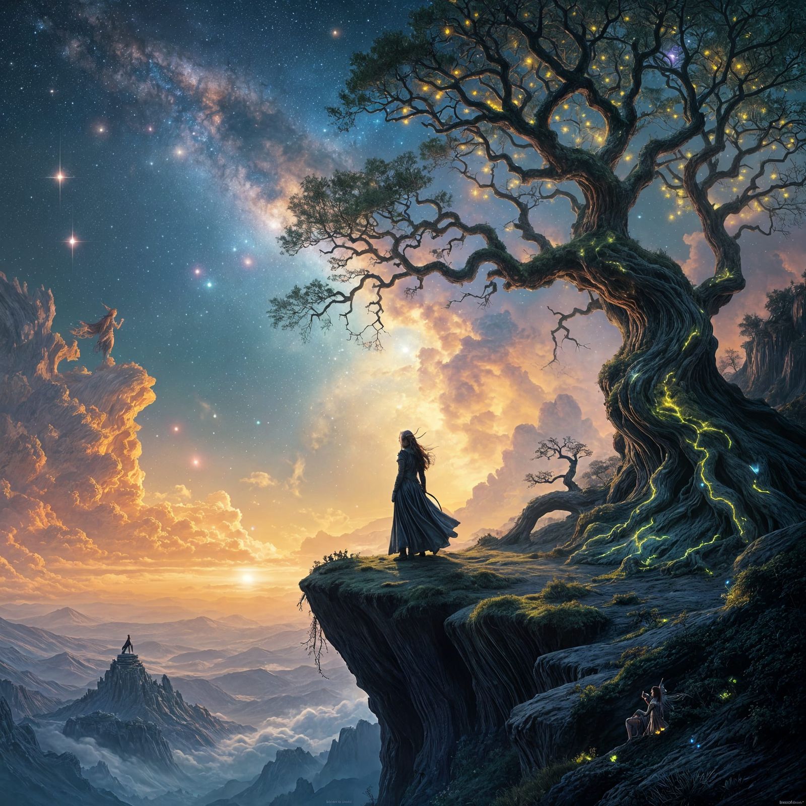 Elven Woman on Cliff Overlooking Nebula, Dark Fantasy Art