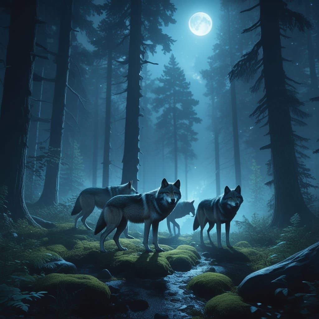 Vibrant Wolves in Moonlit Forest